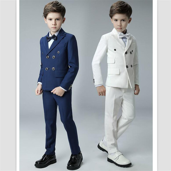 2018 Custom Made Royal Blue Long Sleeve Boys Prom Tuxedos Suits Double-Breasted Male Children Formal Wedding Gowns (Jacket+pants+bow-tie))