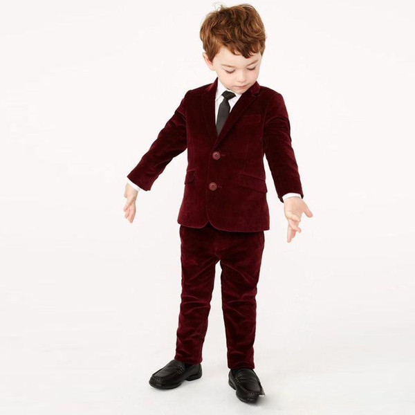 Two Pieces Burgundy Boy's Formal Wear 2 Buttons Notched Lapel Kid's Suit Set for Wedding Tailor Made Child Corduroy Blazer and Pants