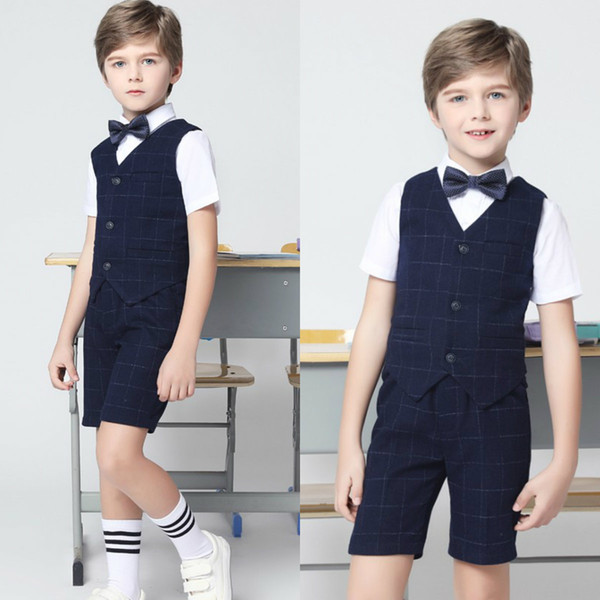 Two Pieces Formal Boys Clothing Summer Damier Check Boy Suits Short Pants + Vest With Three Pockets