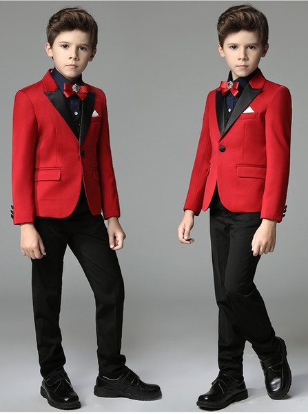 Fashion Teen Clothing Three Pieces And Above Colour Red Jacket Black Peaked Lapel And Pant Kids Party Peformance Costume, Wedding Tuxedos