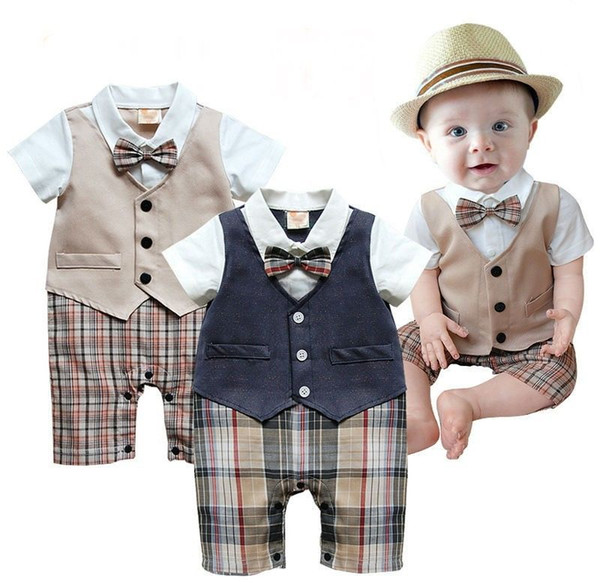 1pcs Baby Boys Infant Gentleman Suit Body Suit With Tie Rompers Clothes Outfits Plaid Pants Climb Clothes Of Male Baby Full Moon Boys Shirt