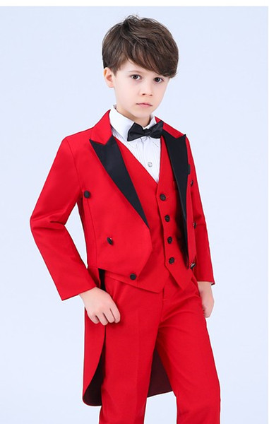 Popular Red Tailcoat Boys Formal OccasionTuxedos Black Peak Lapel Kids Wedding Tuxedos Child Suit Holiday clothes(Jacket+Pants+Tie+Vest) 106