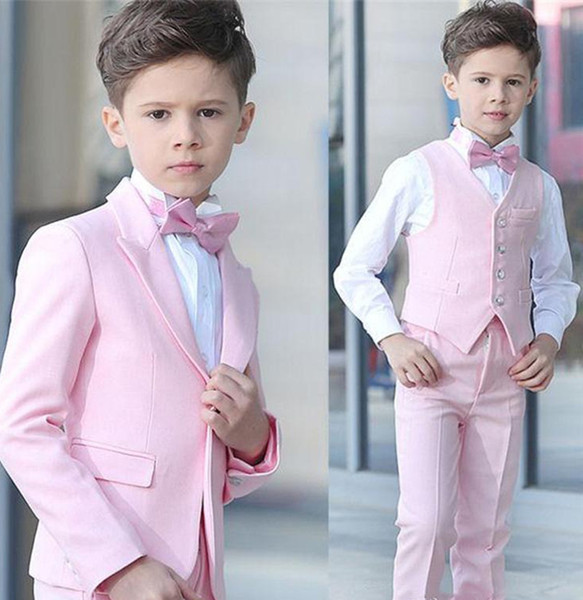 Boy 4 Pieces Pink Suit Wedding Tuxedos Peak Lapel One Button Boy Formal Wear Kids Suits for Prom Party Custom Made(Blazer+Pants+Vest+Bow Tie