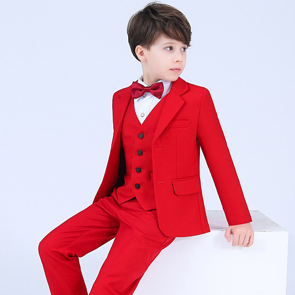 Hot Red Boys Formal OccasionTuxedos Notch Lapel Two Button Center Vent Kids Wedding Tuxedos Child Suit (Jacket+Pants+Bow Tie+Vest) HY6238