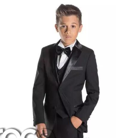 Black Kid's Formal Wedding Groom Tuxedos Flower Boys Children Party Suits Two Pieces(Jacket + Pants + Bowtie)