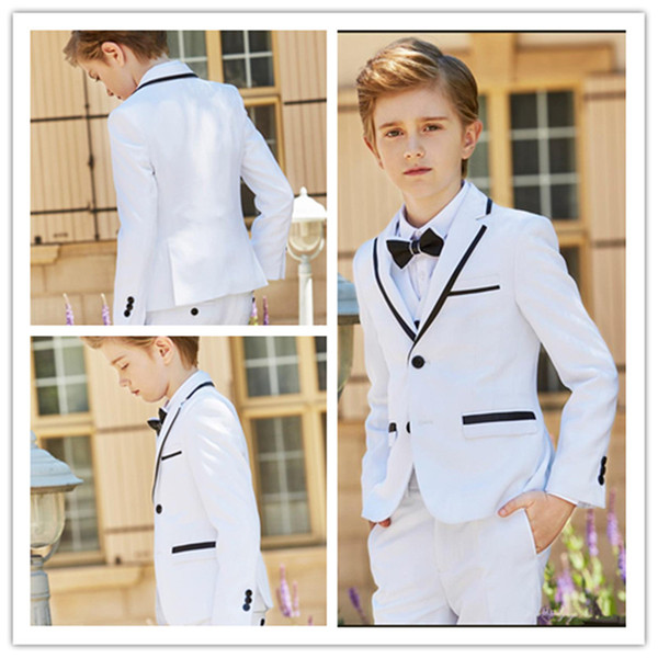 New Fashion White Boy Formal Wear Notch Lapel Boy Kid Attire Clothes For Wedding Birthday Party (Jacket+Pants+Bow+Vest)