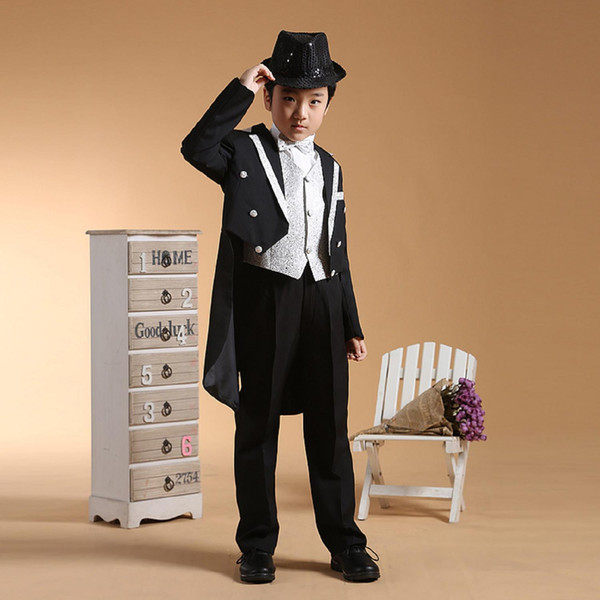 2017 New Spring Summer Boys' Swallowtail Attire 6 pcs suit Boy dress Blouse pants the vest shirt bow tie girdle Gold