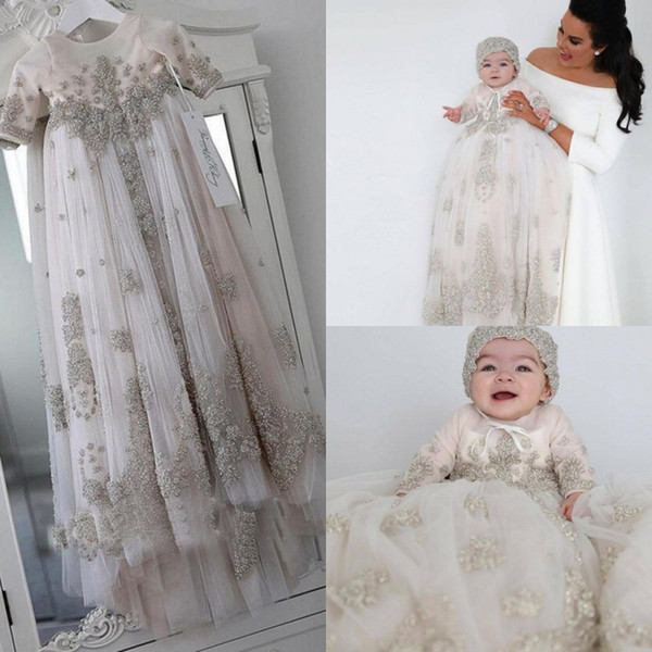 Blush Pink Crystal Christening Gowns For Baby Girls Long Sleeves Lace Appliqued Baptism Dresses With Bonnet First Communication Dress