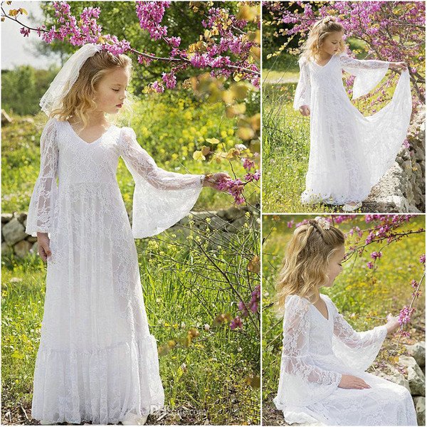 Latest Arrival Boho Little Girls Holy Communion Gowns With Long Trumpet Sleeves Plunge V Neckline Lace Holy Communion Dresses