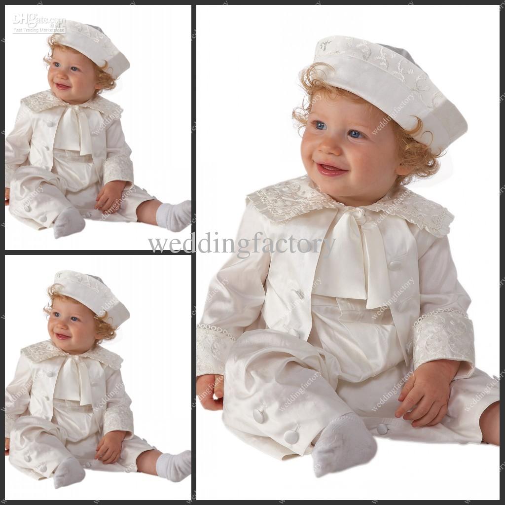 Babies Rompers Ankle Length Taffeta White Ivory Champagne Boys First Communion Gowns Christening Clothes with Hat Baptism Suits Dresses