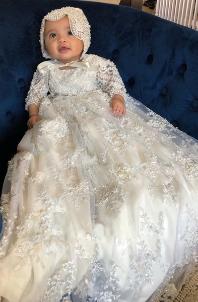 Vintage First Communication Dress Christening Gowns For Baby Girls Lace Appliqued Pearls Baptism Dresses With Bonnet High Quality