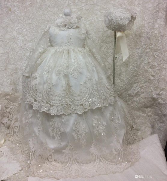 Cheap Long Christening Dresses For Baby Girl With Long Sleeves Baptism Gown Sequined Tulle Lace Appliqued Kid First Communication Dress