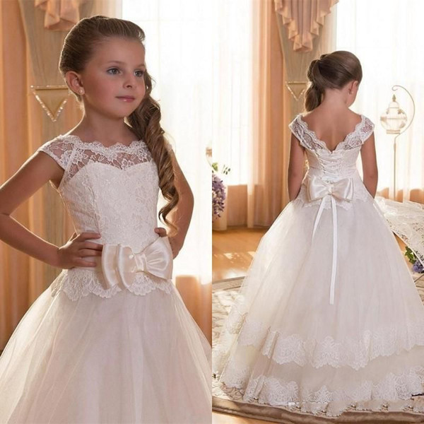 First Communion Dresses For Girls Scoop Backless Appliques Flower Girls Dress Bows Tulle Ball Gown Pageant Dresses For Little Girls