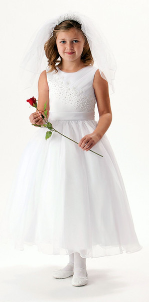 Latest Arrival White First Holy Communion Dresses Ankle Length Organza Jewel Neck Pleated Peals Holy Communion Gowns