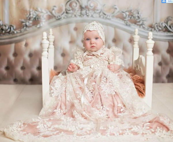 full lace Christening Gown Baptism Dress infant baby Christening Gown Set with Pink nude Underlay Custom Made First Communion Gowns