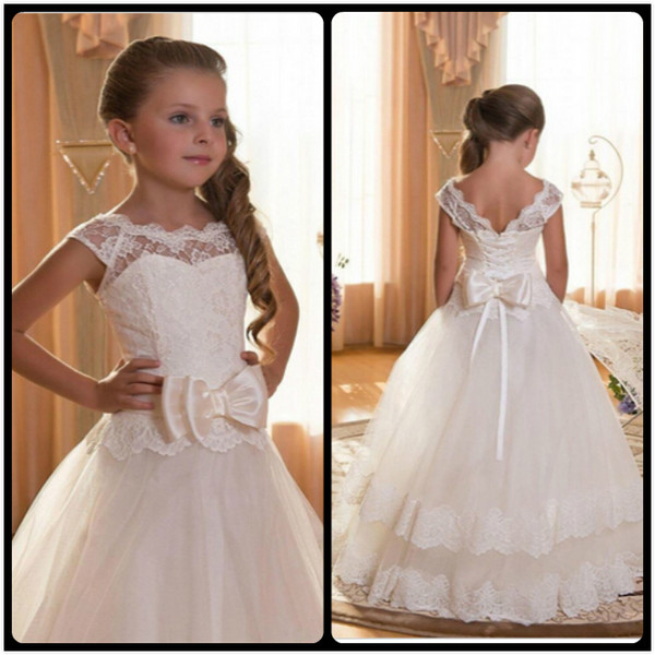 First Communion Dresses For Girls Scoop Backless With Appliques and Bow Tulle Ball Gown Pageant Dresses For Little Girls