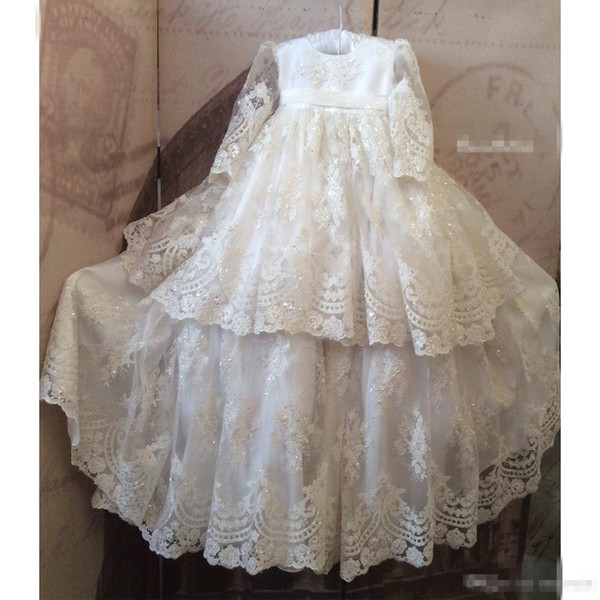 Hot Slae Baby Christening Gowns Lace Applique Long Sleeve Sequins Baptism Dresses Flower Girl Formal Communication Dress