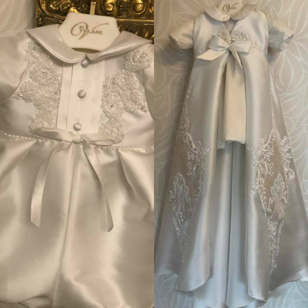 Baby Christening Gowns Lace Short Sleeve Satin Baptism Holy First Communion Dresses Infants For Baby Girls Trottie Nursling Dress