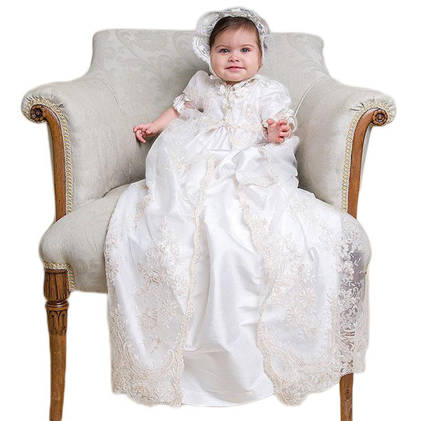 Lovely Two Pieces Christening Dresses For Baby Girls Lace Appliques Floor Length Baptism Dress Satin First Communication Gowns In Stock