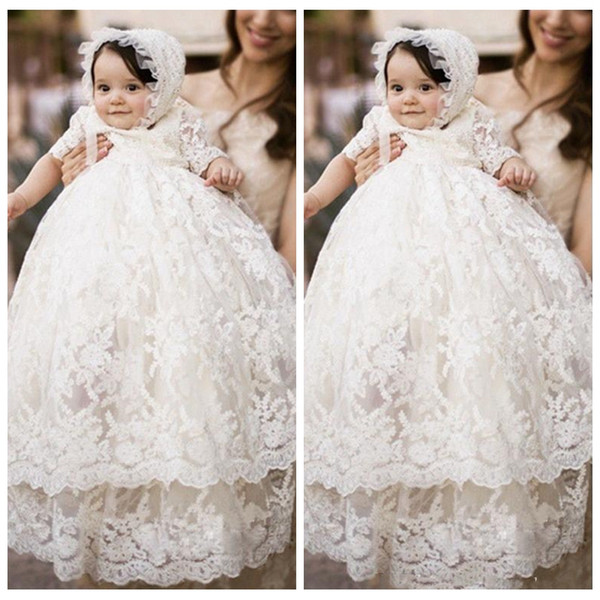 Baby First Communion Dresses Vintage Lace Christening Gowns Long Sleeves Ivory White Tiered Babies Baptism Party Gowns Lace Formal Wear