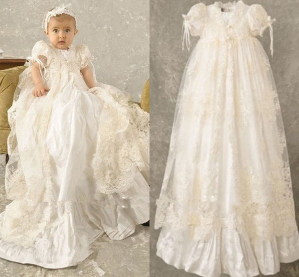 Custom Made Baby Kids First Communion Dresses 2016 Vintage Jewel Neck with Short Sleeve Long Train Lace Applique Wedding Flower Girl Dresses