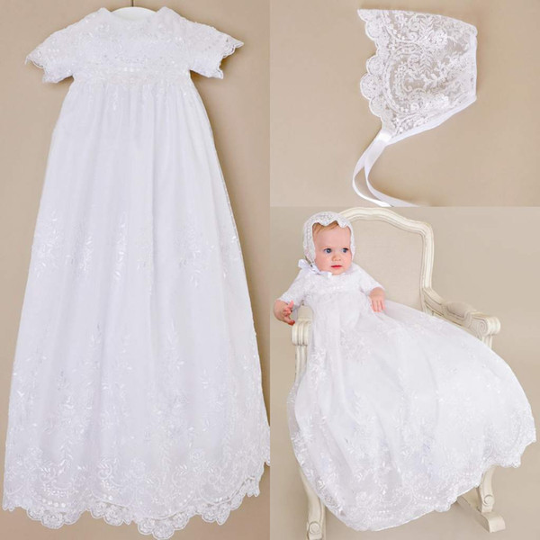 Custom made 2016 New Lovely Short Sleeve Baptism Gown White Ivory Lace Christening Gowns Dress for Baby Girls and Boys Cheap Toddler baptism