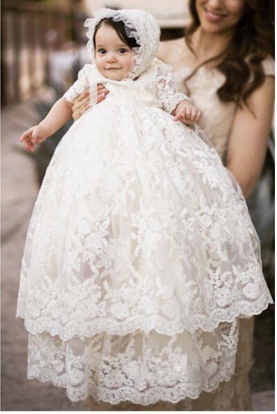 2019 Newest Princess Ball Gown Lace High Neck Short Sleeve party Girl First Communion Dresses With Cap