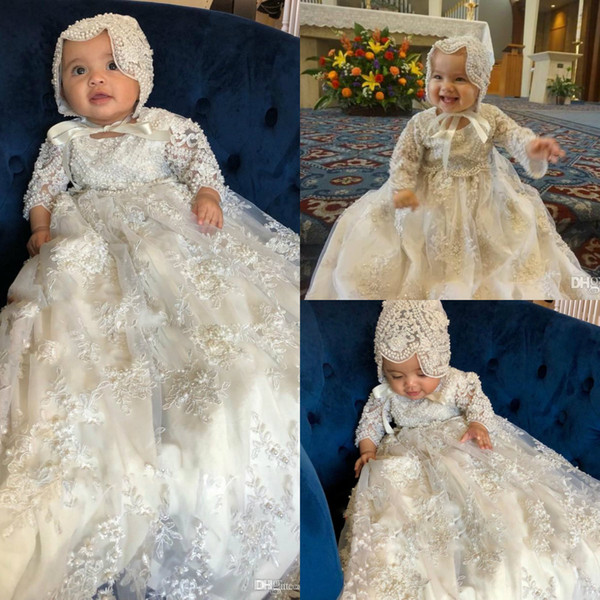 Long Sleeve Christening Gowns For Baby Girls Lace Appliqued Pearls Baptism Dresses With Bonnet First Holy Communication Dress