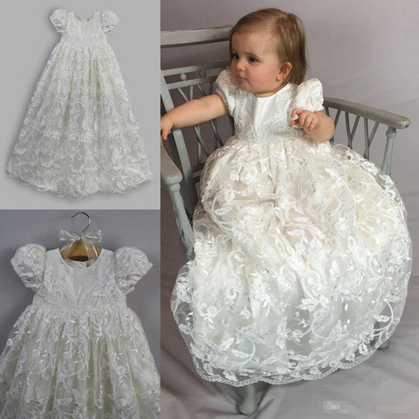 Luxury Full Lace 2017 Baby Christening Gowns With Sleeve Jewel Neck Baptism Dresses Long Flower Girl Formal Communication Party Gowns Cheap