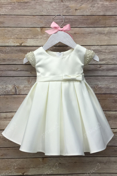 First Communion Dresses for Little Girls 2017 with Cap Sleeves and Bow Real Photos Ivory Baby Christening Dress Cute Girls Formal Dress