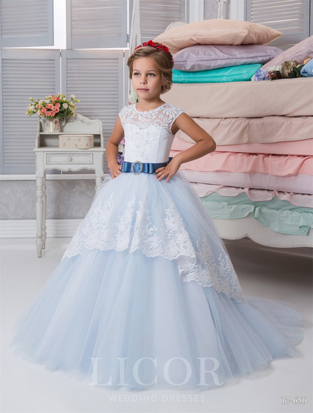 First Communion Dresses for Little Girls 2017 Licor with Sash and Lace Up Back Appliques Tulle Light Sky Blue Girls Birthday Dress