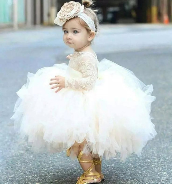 Modern Cute Baby Girl Baptism Gown Christening Dress Long Sleeves Lace Bodice Ruffles Ball Gown Skirt Girls First Holy Communion Dress