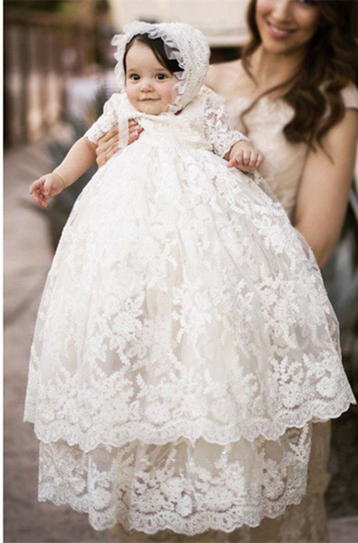 Vintage White Ivory Baby Girls Christening Gown Lace Short Sleeve Baptism Dress