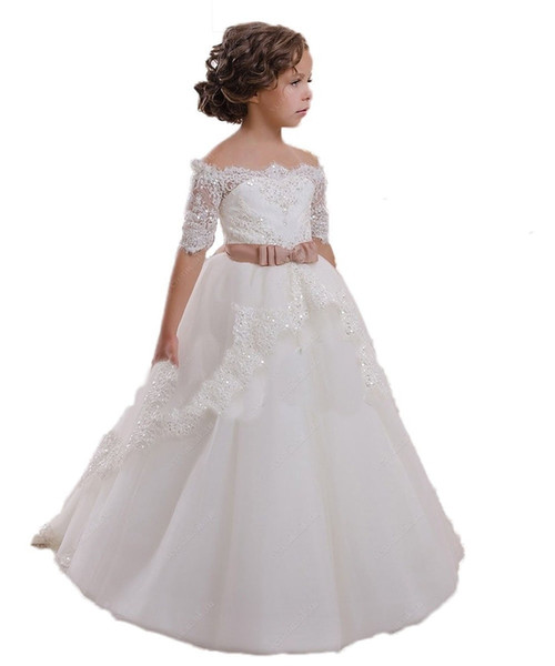 Latest Lovely Ivory Girls Holy Communion Gowns Off Shoulder Half Sleeve Applique Bow Sash Beaded Holy Communion Dresses