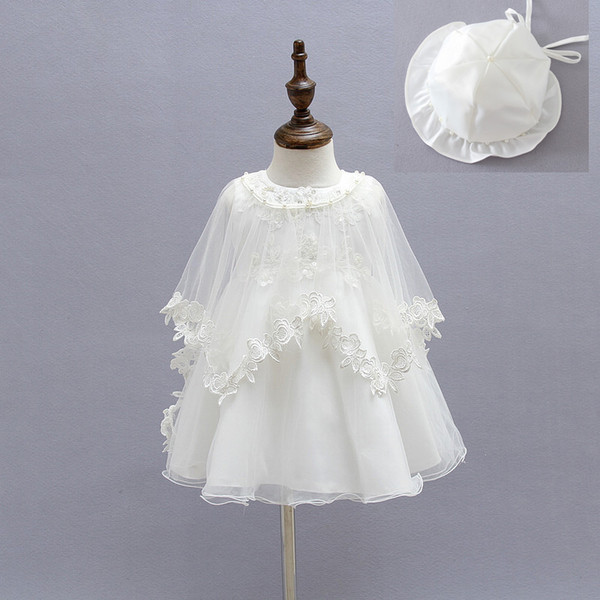 2015 Newborn Baby Christening Gown Infant Girl's White Princess Lace Baptism Dress Toddler Baby Girl Chiffon Dresses 3pcs/set