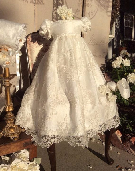 Ivory Christening Dresses For Baby Girl Lace Appliques Baptism Gown With Puffy Short Sleeves Cheap A Line Kid First Communication Dress