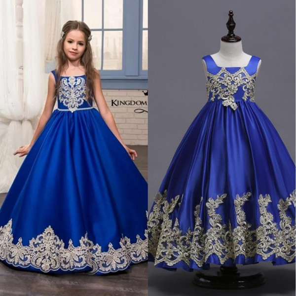 2019 Hot Royal Blue Flower Girls Dresses Toddler Kids Flower Girl Dress For Weddings Appliques Girls Pageant Prom Gowns MC1626