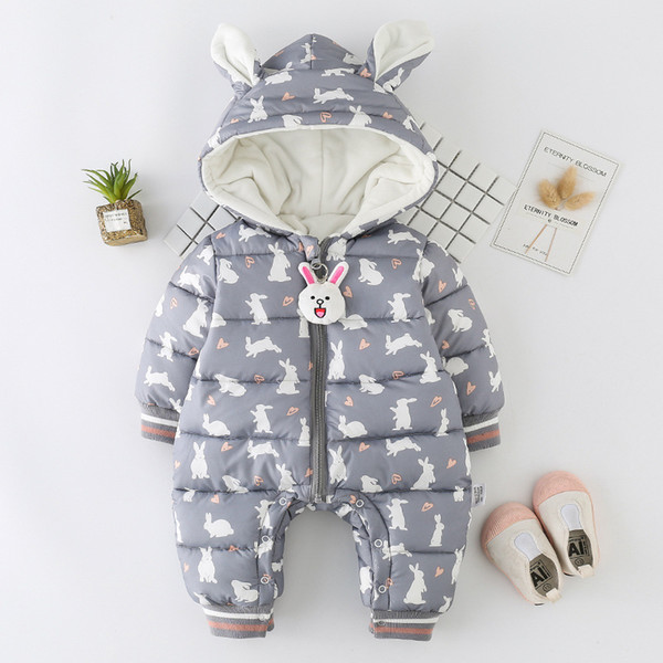 Cute New Fashion Hoodies For Toddlers High Quality Thicken Warm Clothing Stylish Rabbit Appliqued Hooded Grey Winter Jumpsuit for Babies