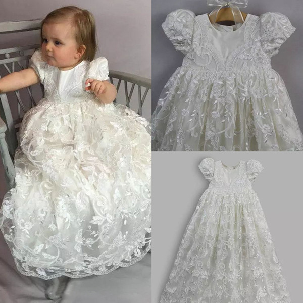 Hot Sales Ivory Full Length Christening Dresses with Short Sleeves Bonnet Jewel Lace Long Baptism Gown Toddler First Communication Dress