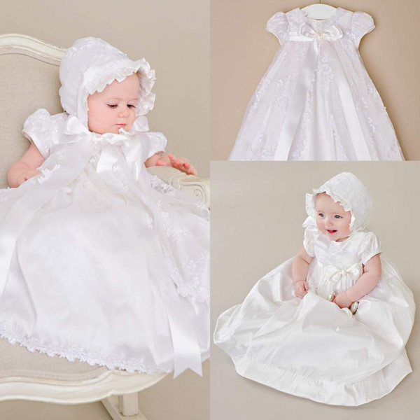 Vintage Short Sleeves First Communion Dresses 2016 Luxury Applique Lace Baby Girl Baptism Christening Dresses White Beige Baptism Bow Gowns