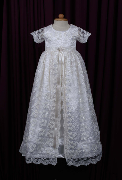 Baby Girl Christening Dresses 2017 Pedobaptism Naming Day Baptism Holy Communion Dress for Girl with Short Sleeves & Free Bonnet Real Photos