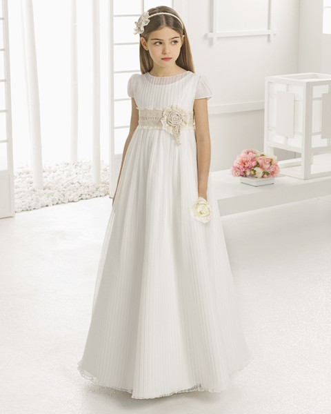 High Quality Ivory First Holy Communion Dresses Empire Organza Jewel Neck Flower Sash Pleated Short Sleeve Holy Communion Gowns