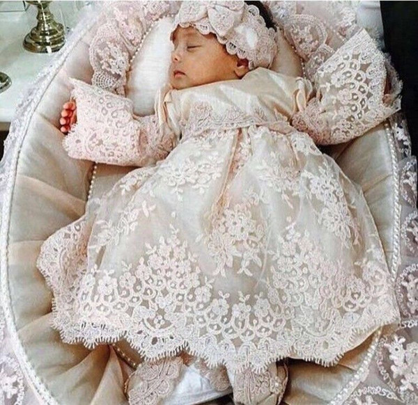 Elegant White/Ivory Lace Vestidos Infant Baptism Gown Baby Girl Christening Dresses Long Sleeve First Communion Dresses with Headband 05