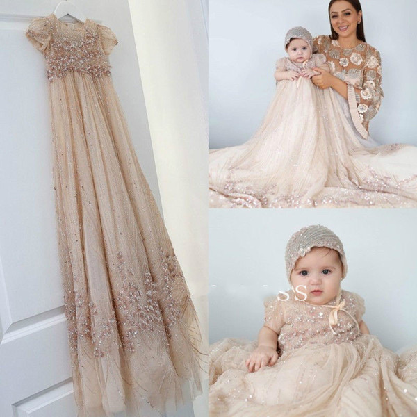 Short Sleeve Christening Gowns For Baby Lace Appliqued Beads Baptism Dresses With Bonnet First Holy Communion Dresses