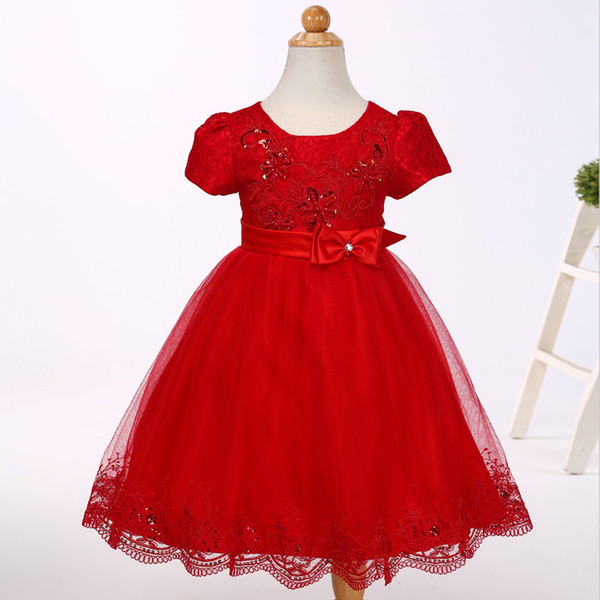 The new baby clothes Baptism dresses Girl flowers set with diamonds Princess short sleeved dress with lace trim good workmanship