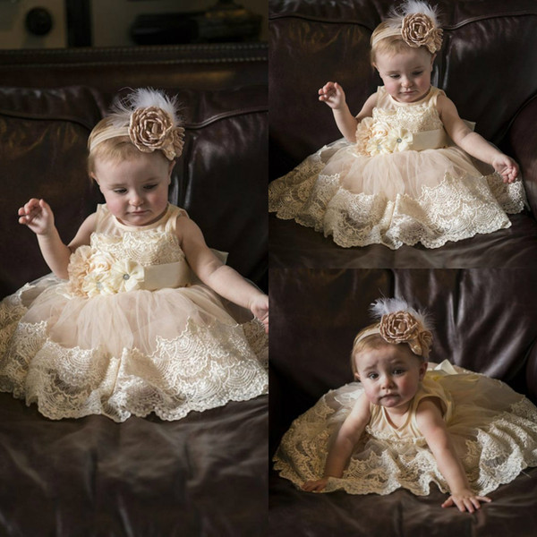 Champagne Christening Dresses For Baby Girl Infant Toddler Baptism Gown Sequined Tulle Lace Appliqued Kid First Communication Dress