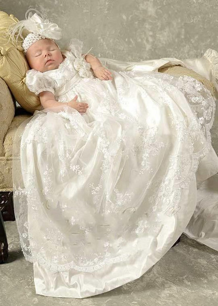 Princess White Lace Baby Christening Dresses Kids Baptism Gowns Short Sleeves Vintage Baby Girls And Boys Christening Gowns 70