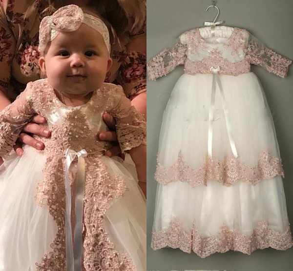 3/4 Long Sleeve Christening Gowns For Baby Girls Lace Appliqued Beads Baptism Dresses With Bonnet First Holy Communion Dresses