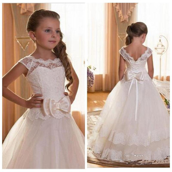 Lace Bodice First Communion Dresses For Flowers Girls Scoop Backless Lace Appliques Ball Gown Pageant Dresses For Little Girls