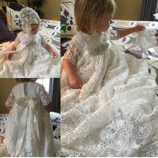 Newest Princess Ball Gown Lace High Neck Short Sleeve Beaded Ivory First Communion Dresses With Cap